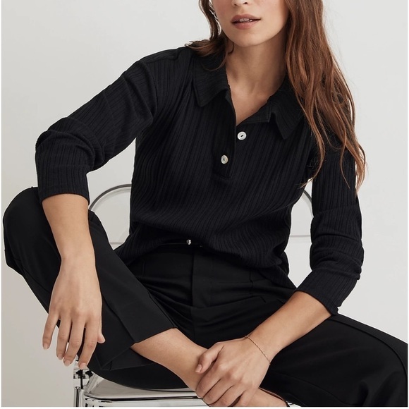Madewell Variegated Rib Boxy Polo Shirt Black XS - Picture 8 of 8